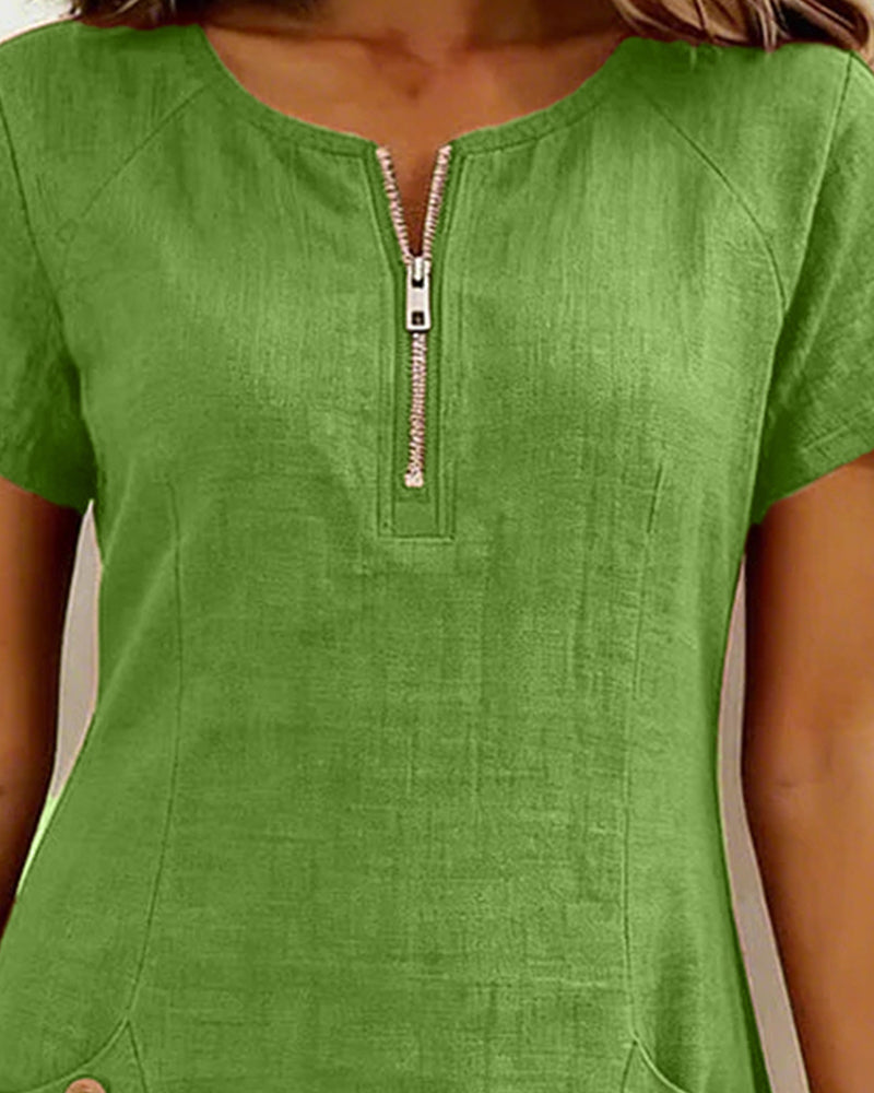 Zipper Pocket Cotton Dress