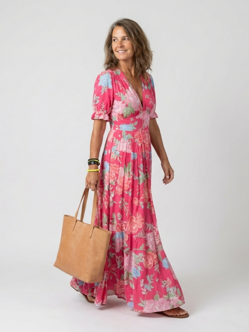 Lane | Short Sleeve V Neck Floral Midi Dress