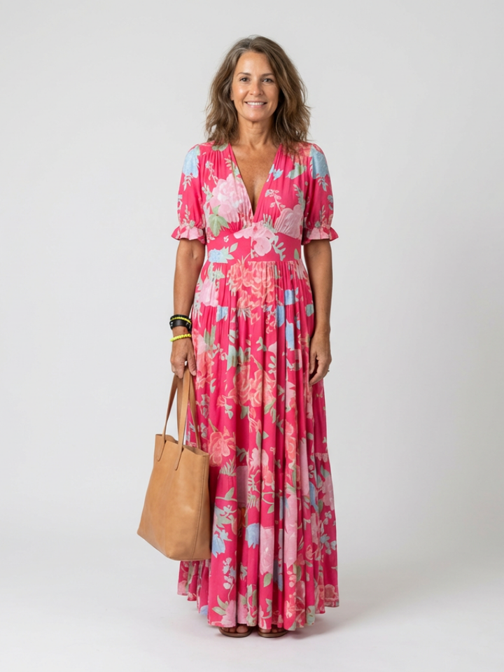 Lane | Short Sleeve V Neck Floral Midi Dress