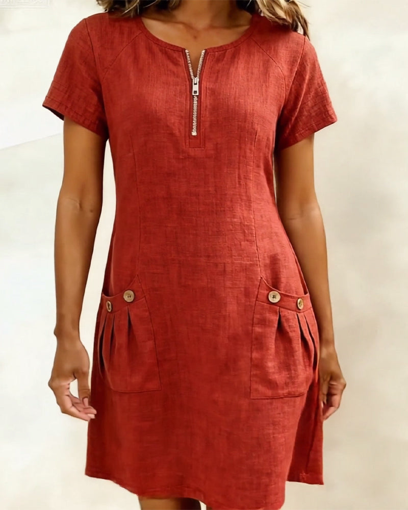 Zipper Pocket Cotton Dress