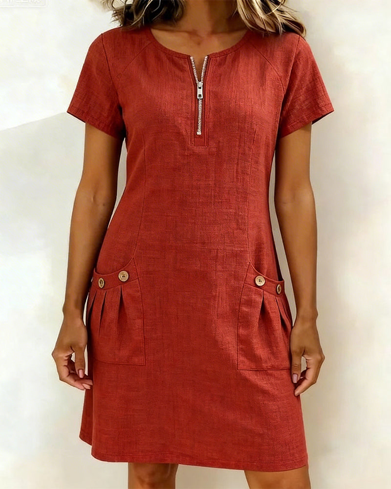 Zipper Pocket Cotton Dress