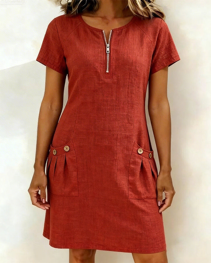 Zipper Pocket Cotton Dress